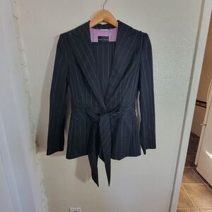 Rena Lange 100% Wool Belted Wide Leg Suit Set Rainbow Stripe sz 6 Black Elegant
